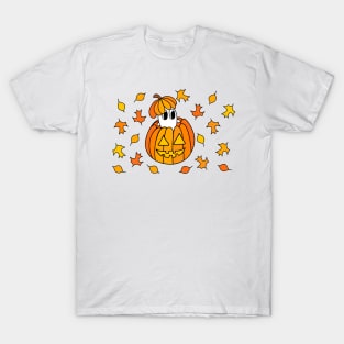 Cartoon Ghost in Jack o Lantern Pumpkin with Fall Leaves, made by EndlessEmporium T-Shirt